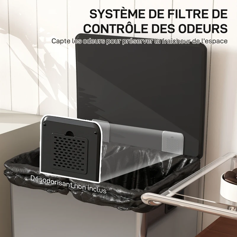 HOMCOM Poubelle à double compartiment 2 x 30L, poubelle cuisine à pédale, couvercle à fermeture douce, 47,5x37,5x67cm, argent