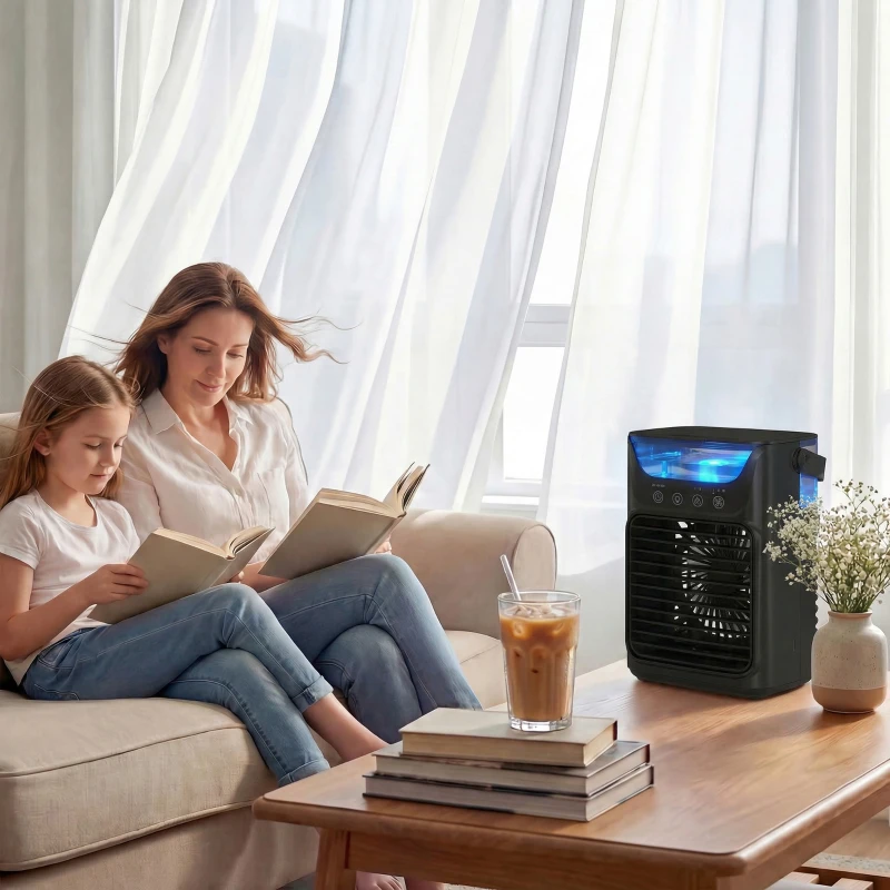 HOMCOM Air Cooler with Adjustable Head, Portable Air Conditioner with 3 Wind Speed, 2 Cool Mist, RGB Light, Black