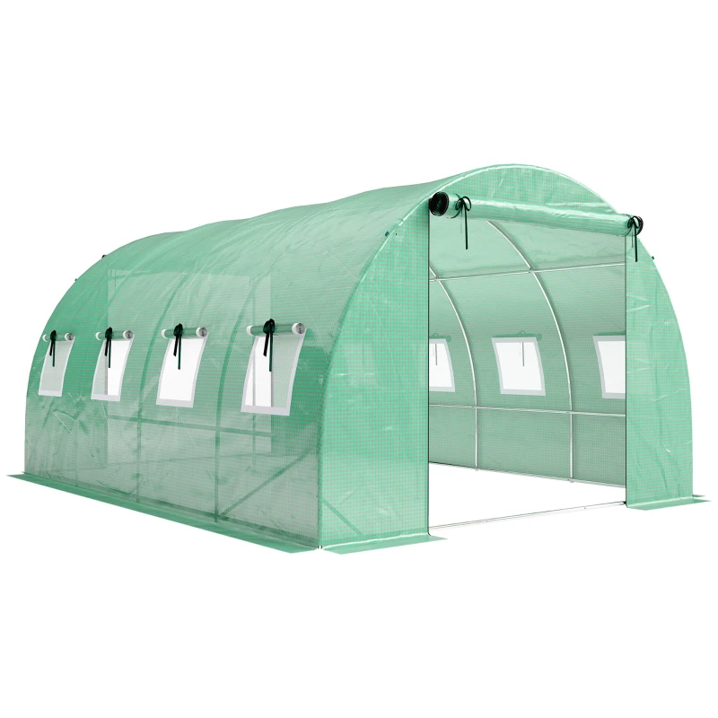 Outsunny Serre tunnel de jardin 12m², serre de jardin tunnel 295x400x200cm 2 portes et 8 fenêtres bâche PE 140 g/m² vert