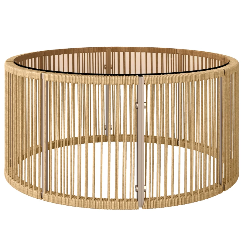 Outsunny Table Basse de Jardin Ronde en Résine Tressée, Plateau en Verre Trempé et Cadre en Acier Galvanisé, 70x70x33cm, Marron