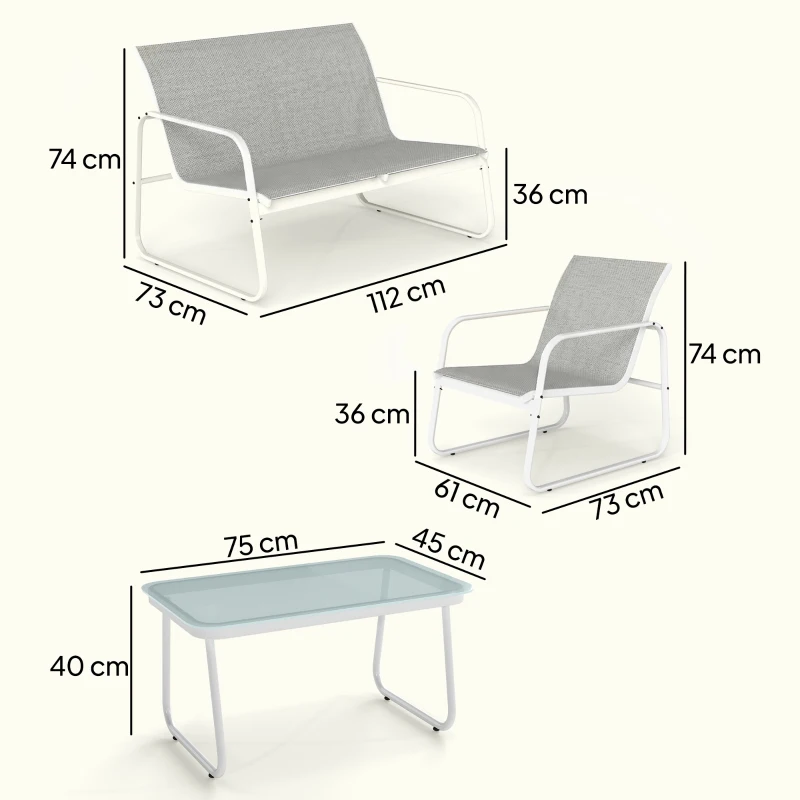 Outsunny Conjunto Jardín Exterior de 4 Piezas con Sofá de 2 Plazas 2 Sillones Mesa de Vidrio Templado Tela Textilene Gris Claro