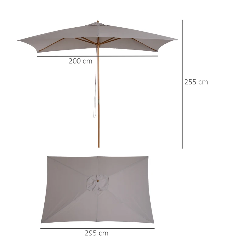 Outsunny Sombrilla de Jardín 295x200x255 cm con Mástil de Madera Varillas de Bambú y Polea Parasol Rectangular para Terraza Gris