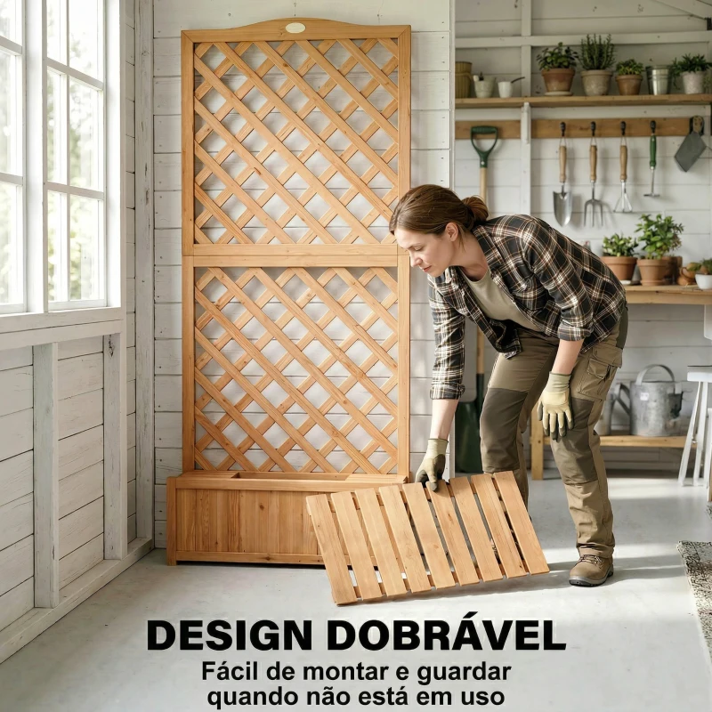 Outsunny Floreira com Treliça de Madeira com 2 Caixas Dobráveis Base de Ripas Vaso Elevado 73x70x170 cm Madeira