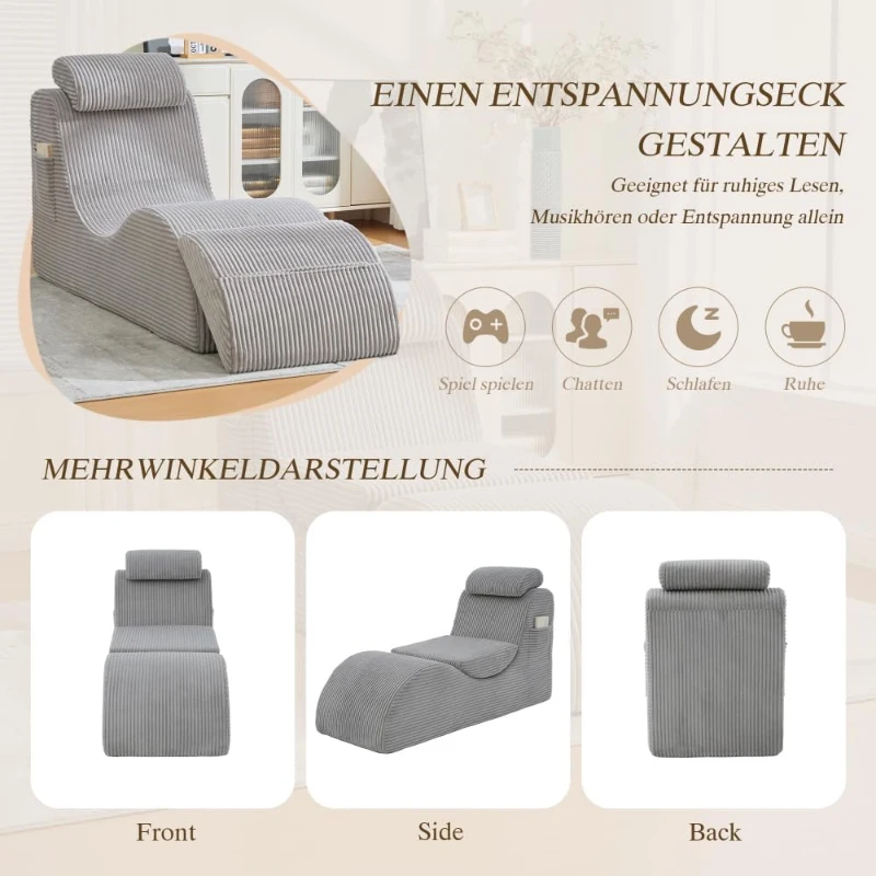 Moderner Freizeit-Sessel mit ergonomischer Rückenlehne, abnehmbarem Sitzkissen und Seitentasche, 160 x 66 x 90 cm, Hellgrau