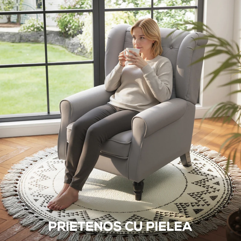 Homcom Fotoliu Chesterfield in Tesatura Detasabila cu Sezuta Ampla Gri 74 x 86 102 cm