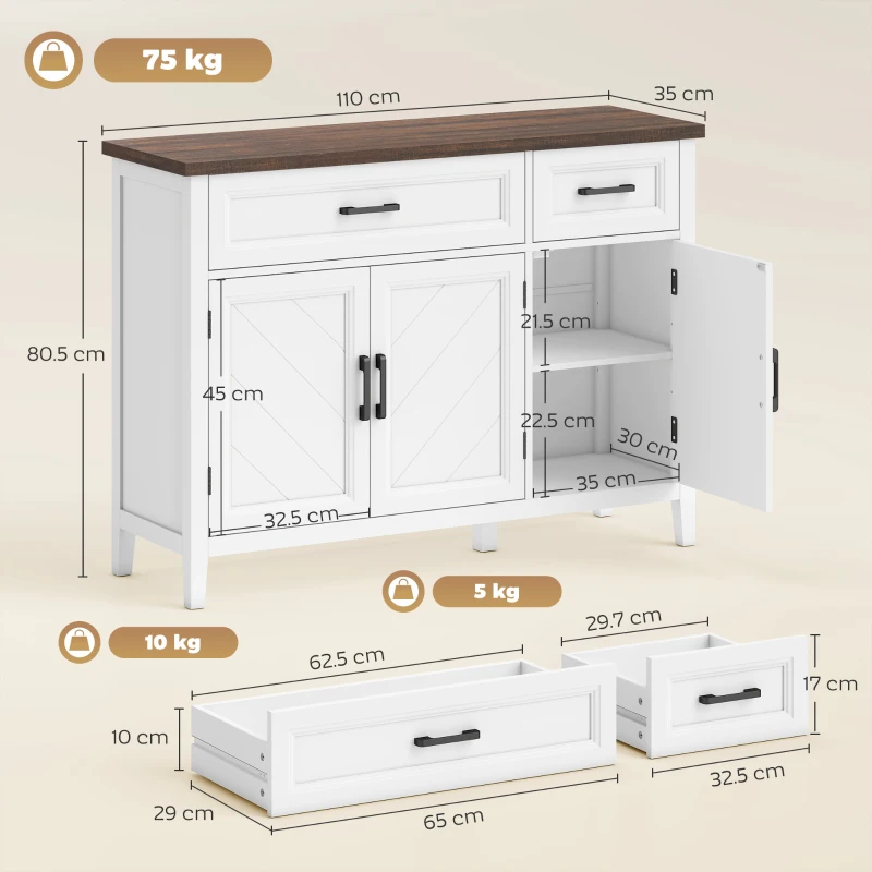 HOMCOM Bufet pentru living, mobilier de depozitare cu 3 uși cu model chevron, 2 sertare și 2 rafturi reglabile, 110 x 35 x 80,5 cm, alb