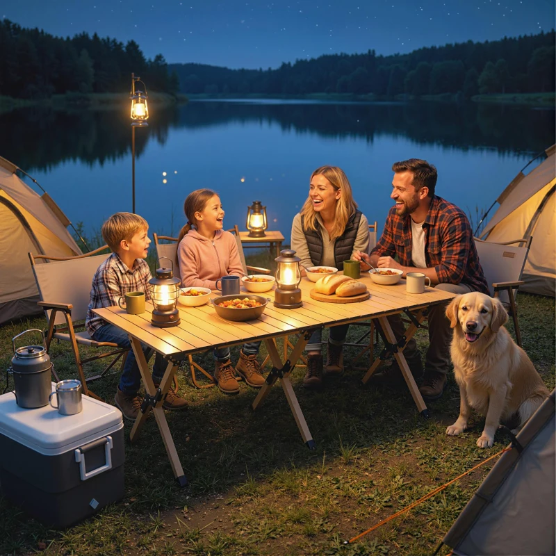 Outsunny Mesa de camping 117 x 60 cm Mesa plegable de aluminio con tablero enrollable aspecto madera Bolsa de transporte impermeable