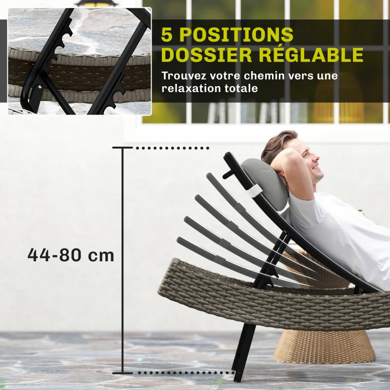 Outsunny Chaise longue en résine tressé, bain de soleil avec dossier réglable 5 positions et appui-tête, 198 x 61 x 44 cm, gris