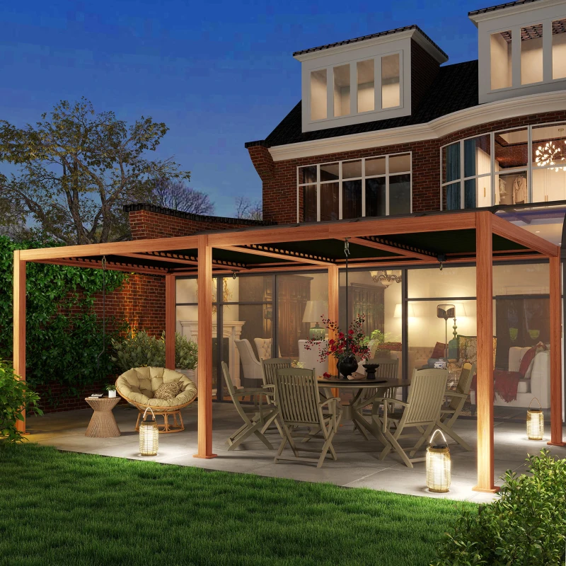 Outsunny Pergola 3 x 6 m  pergola d'extérieur tonnelle avec persiennes manivelle toit réglable en aluminium crochets bois naturel