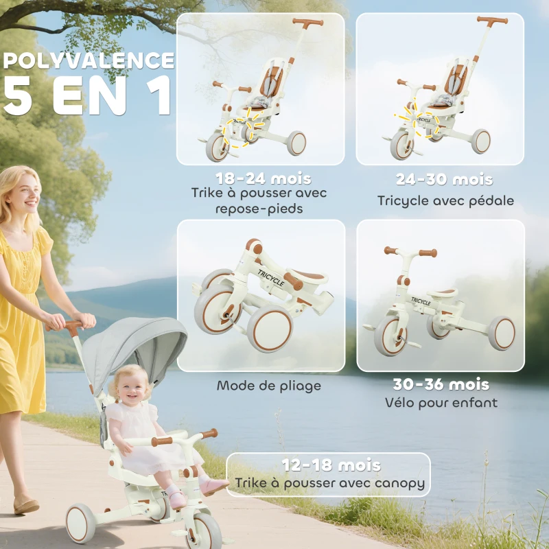 AIYAPLAY Tricycle bébé évolutif 5 en 1, tricycle enfant pliable avec poignée réglable, capote amovible, pour 1-3 ans, crème