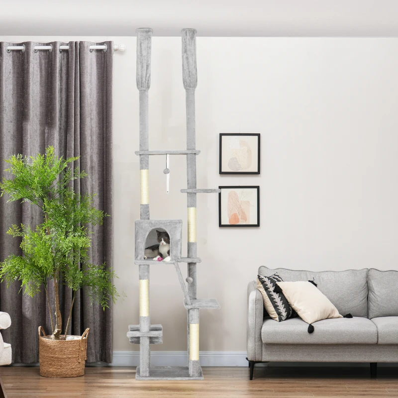 PawHut Arbre à chat du sol au plafond griffoir pour chat hauteur réglable 225-255 cm 6 niveaux avec niche hamac gris clair