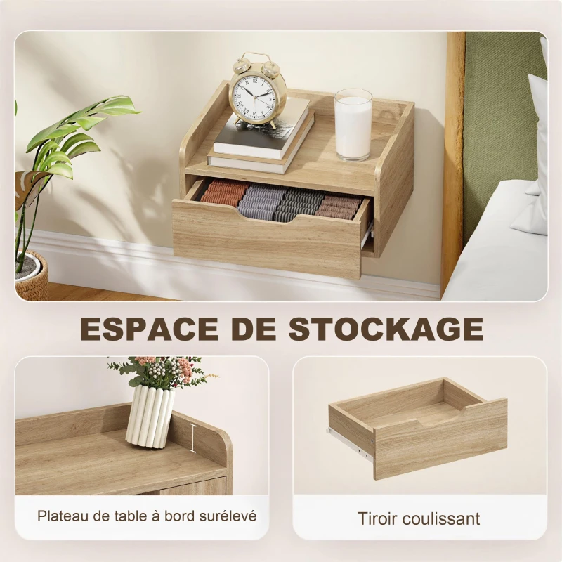 HOMCOM Lot de 2 tables de chevet murales, tables de nuit avec tiroir et plateau à rebords surélevés, 40x30x19,5cm, bois naturel