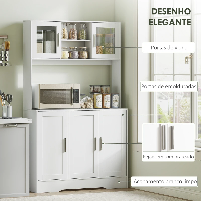 HOMCOM Armário de Cozinha com 2 Portas de Vidro Bancada Ampla para Micro-ondas Compartimentos Abertos Prateleiras Ajustáveis Branco