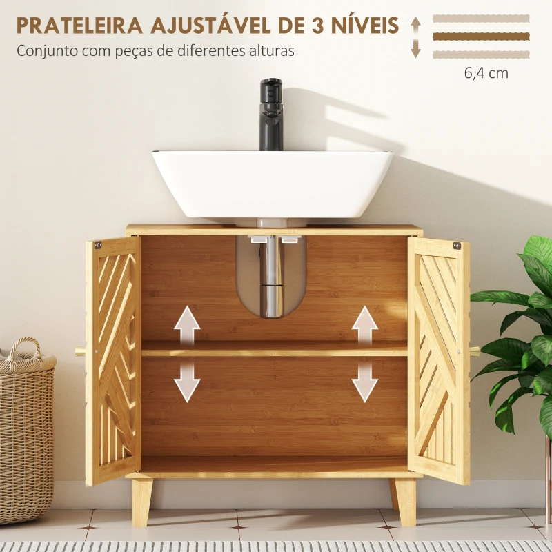 HOMCOM Móvel para Lavatório Pousar em Bambu com Portas Ripadas Armário de Casa de Banho para Lavatório sem Pedestal 60x30x60 cm Madeira