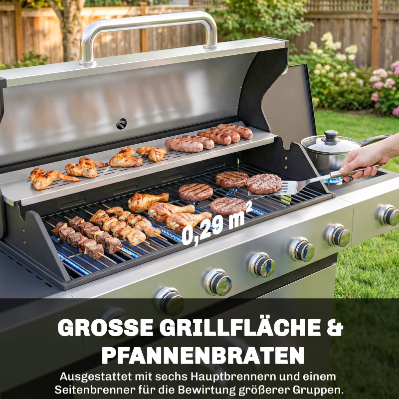 Outsunny Gasgrill 18,6 KW 6+1 Brenner BBQ Grillwagen aus Edelstahl inkl Rolle Thermometer Warmhalterost Seitentisch Unterschrank