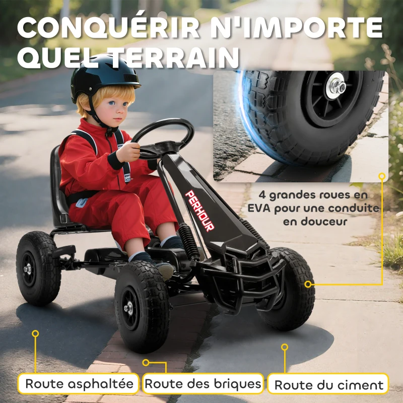AIYAPLAY Kart à pédales Go-Kart pour enfants siège réglable pneus EVA embrayage manuel et frein 110 x 61 x 62 cm noir