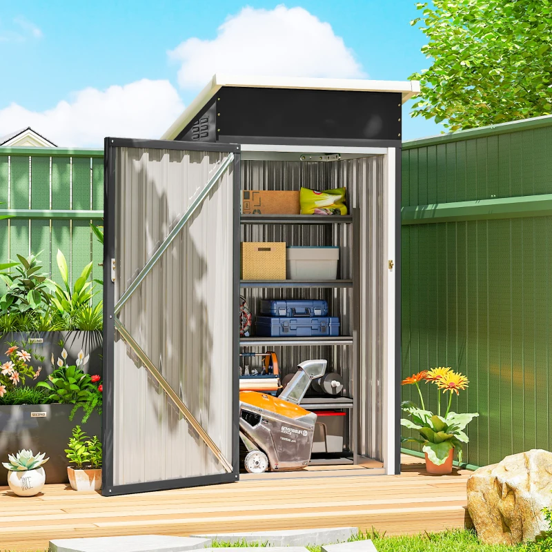 Outsunny Abri de jardin en métal, cabane de jardin, porte verrouillable, toit incliné, aérations et gants, 107,5x91x185cm, gris