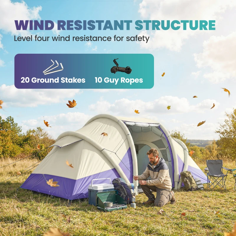 Outsunny Inflatable Tent 2 Bedroom 3000mm Waterproof Windproof Air Tent with Carry Bag for 4 Person