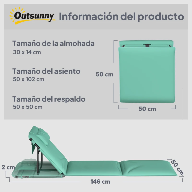 Outsunny Conjunto de 2 Esterillas de Playa Plegable con Respaldo Ajustable Reposacabezas Acolchado 146x50x2 cm Verde