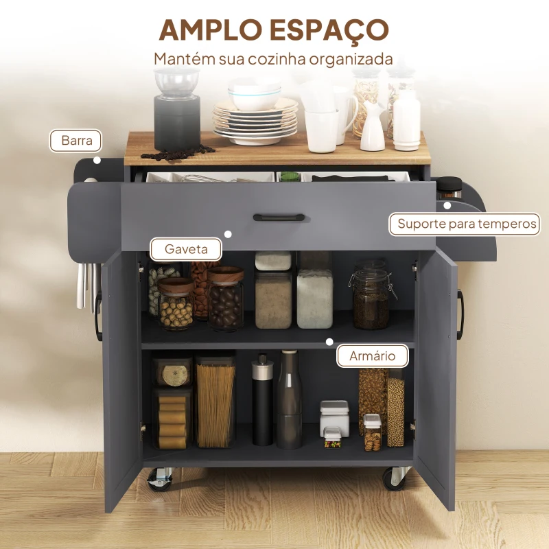 HOMCOM  Ilha de Cozinha com 1 Gaveta Suporte para Panos e Especies Carrinho Auxiliar com Rodas 105x36x85 cm Cinza