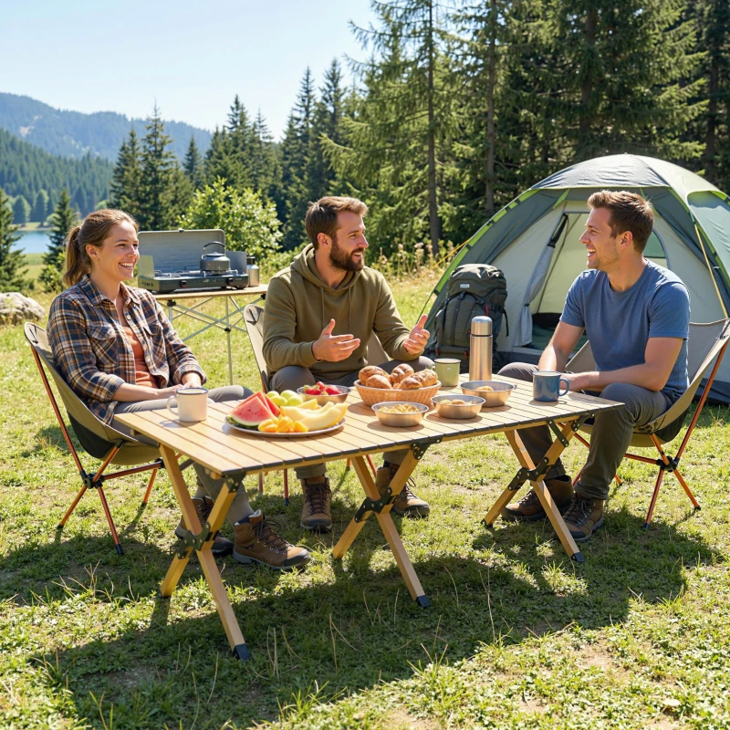 Outsunny Mesa de camping 117 x 60 cm Mesa plegable de aluminio con tablero enrollable aspecto madera Bolsa de transporte impermeable