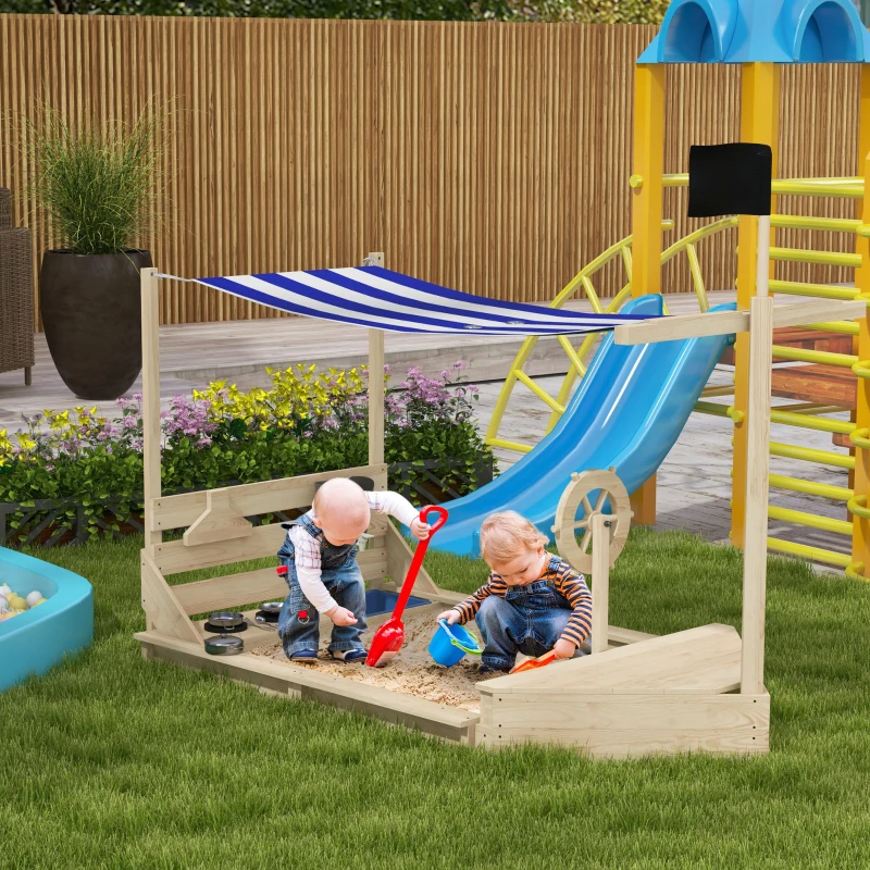 Outsunny Bac à sable en bois avec jeu de cuisine 6 accessoires coffre rangement gouvernail drapeau 180 x 103 x 144,5 cm naturel