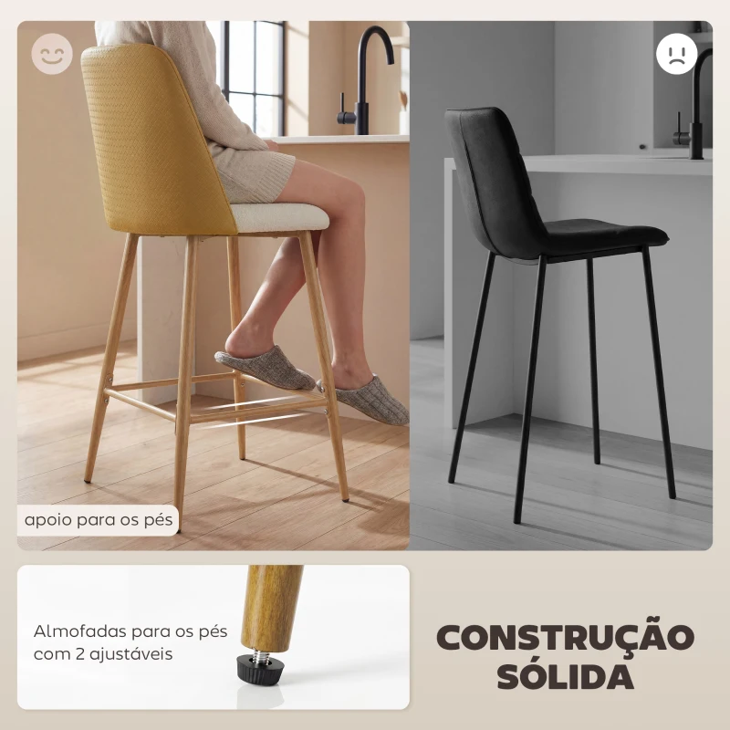 HOMCOM Conjunto de Bancos Altos de Cozinha com Encosto e Descanso para os Pés Revestidos em Linho e PU Estrutura de Aço Castanho
