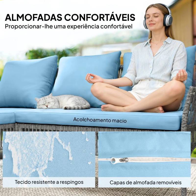 Outsunny Conjunto de Jardim Exterior de Vime com Sofá de 2 Lugares, Chaise Longue e Mesa de Centro com Vidro Temperado Azul Claro