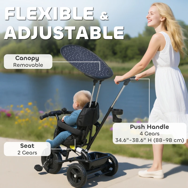 HOMCOM 6 in 1 Tricycle for Kids with 5-point harness straps, Removable Canopy, Dark Blue
