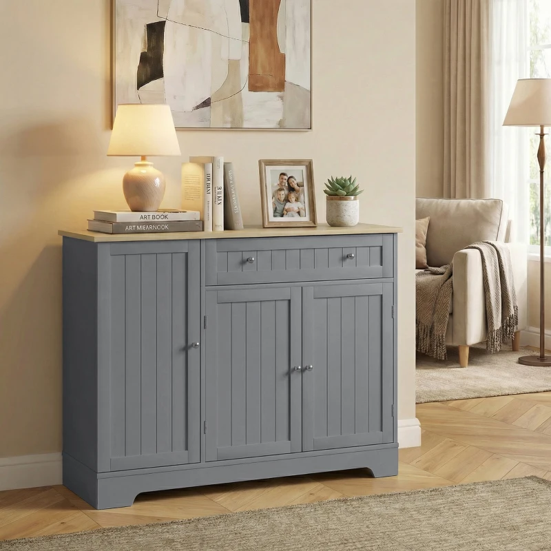 HOMCOM Aparador de Cozinha com 3 Prateleiras de Porta Gaveta e Prateleiras Ajustáveis para Sala de Jantar 105x40x83 cm Cinzento