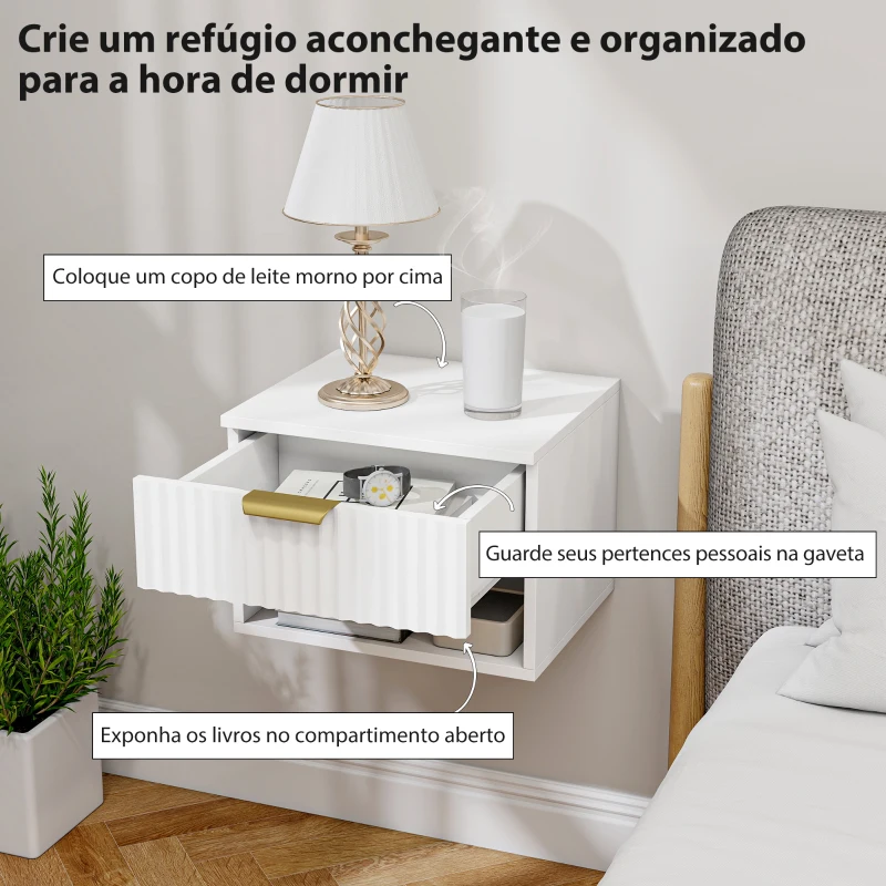 HOMCOM Conjunto de 2 Mesas de Cabeceira Flutuantes Estreitas com Gaveta com Frente Canelada e Prateleira Aberta 40x34x29 cm Branco