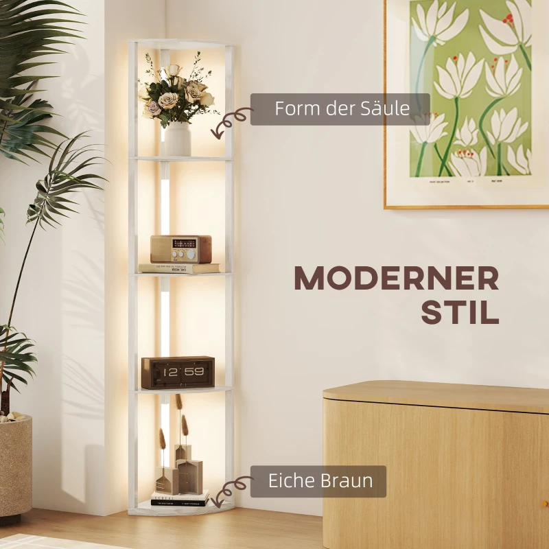 HOMCOM LED Standleuchte, Eckregal, dimmbar, 4 Ablagen, warmweißes Licht, 41x30x164cm, Eiche