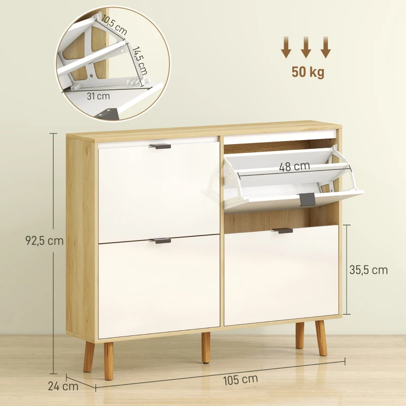 HOMCOM Sapateira Estreita com 4 Portas em Branco Brilho Prateleiras Ajustáveis Pernas de Madeira para 20 Pares de Sapatos 105x24x92,5 cm