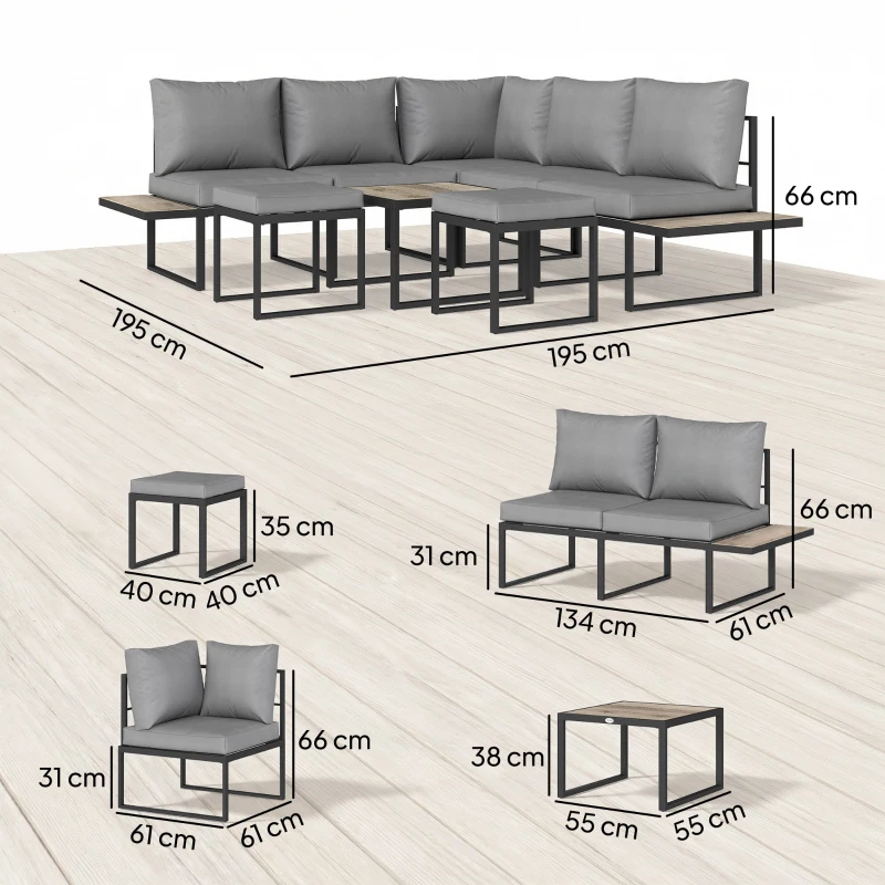 Outsunny Salon de jardin extérieur 6 personnes modulable table basse et plateaux latéraux en bois PSPC coussins épais 10cm gris