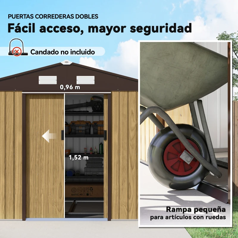 Outsunny Cobertizo de Jardín Exterior 4,9 m² 277x195x192 cm con Puerta Corredera Ventilación y Kit de Fundación Marrón