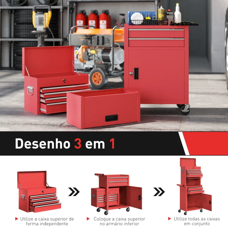 HOMCOM Carrinho de Ferramentas com 6 Gavetas Rodas Painel Lateral Perfurado e Caixa de Ferramentas Desmontável 60,5x33,5x131 cm Vermelho