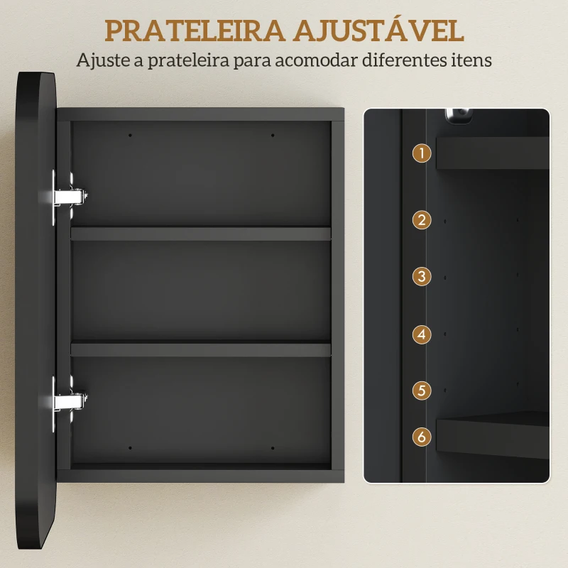 HOMCOM Armário de Casa de Banho com Espelho, Design com Bordas Arredondadas e Prateleiras Ajustáveis 40,2x10,2x50,9 cm Preto