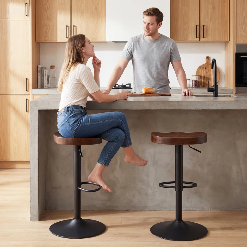 HOMCOM Tabourets de Bar Lot de 2 Réglables Pivotants Chaises de Cuisine avec Siège en Bois d'Orme Marron Foncé