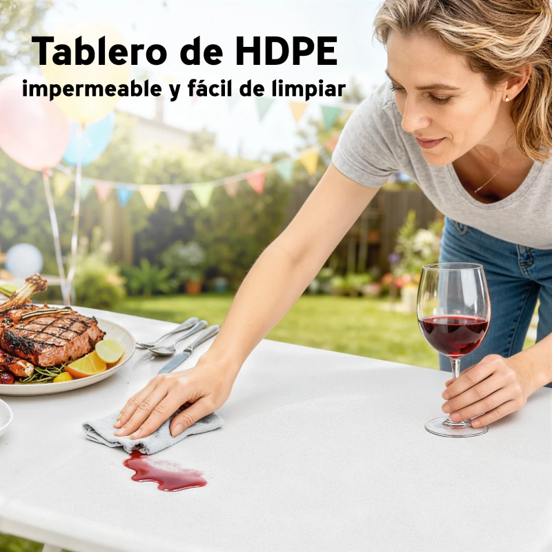 Outsunny Conjunto de Camping Plegable de Mesa y Bancos Asas para Exterior 180x74x74 cm y 182x28x42 cm Blanco