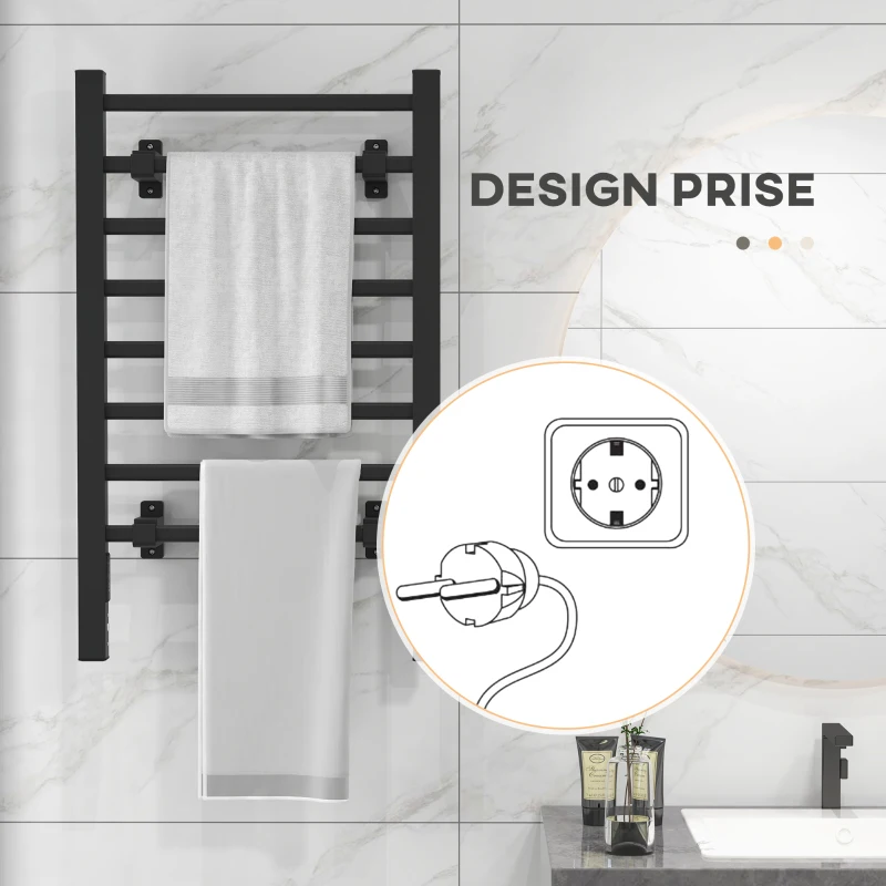 HOMCOM Sèche serviettes électrique, mural ou sur pied, 8 barres, minuterie 2/4 heures, alliage d'aluminium, 53x35x90cm, noir