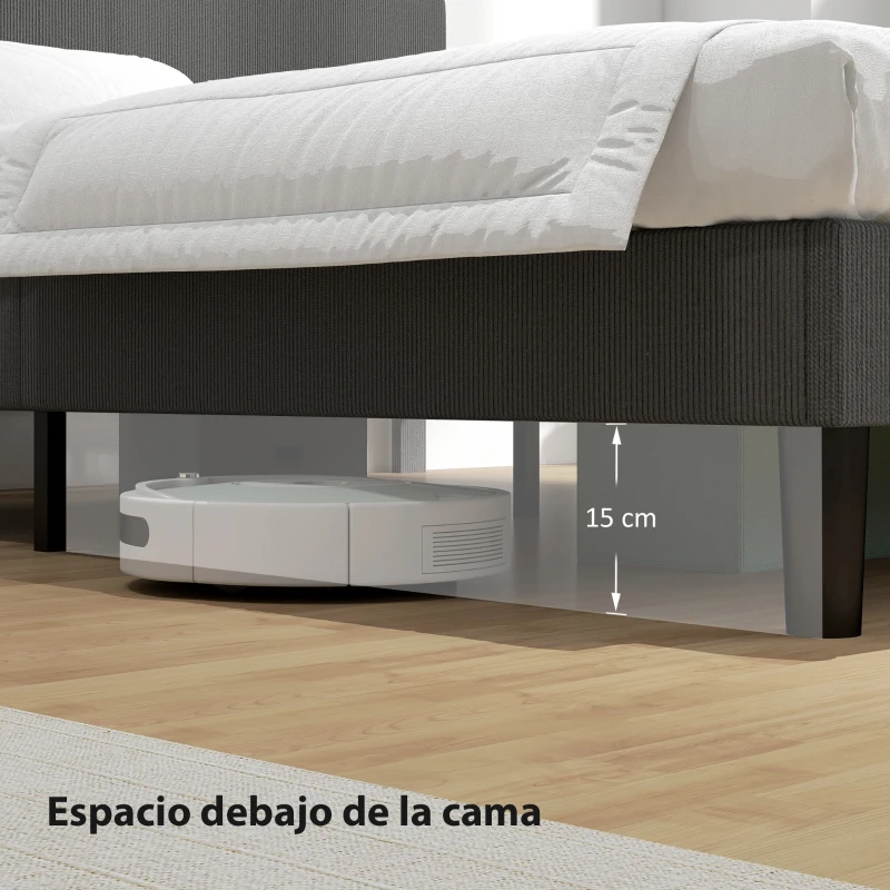 HOMCOM Somier 160x200 cm con Cabecero Ajustable Tapizado en Pana Láminas de Madera Fácil de Montar Gris Oscuro