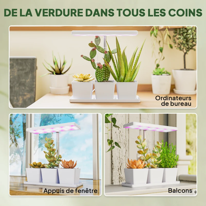Outsunny Lampe de croissance 10W lampe plante de culture LED à spectre complet avec 3 bacs à fleurs, 31,8 x 13,4 x 35,6 cm, blanc