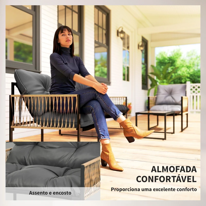 Outsunny Conjunto de Jardim Exterior de Vime Sintético com 2 Poltronas 1 Sofá de 2 Lugares 1 Mesa de Centro e Almofadas Cinzento