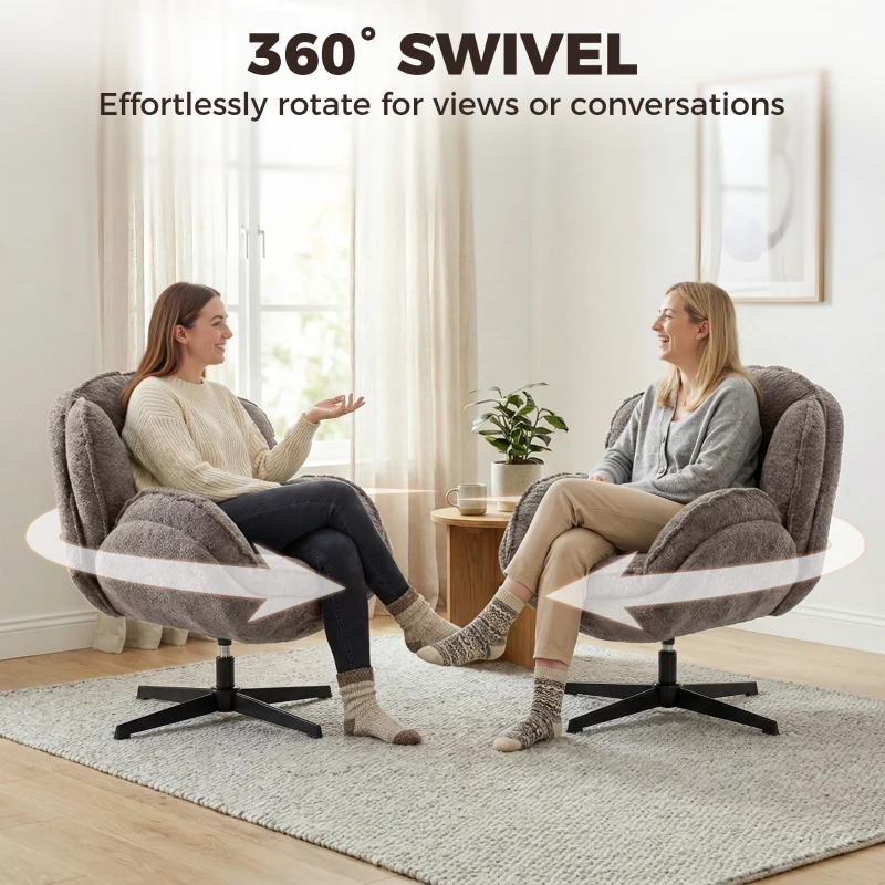 HOMCOM Nowoczesny fotel typu wingback, welurowy fotel z podłokietnikami, czteroramienna podstawa, sprężyny S, funkcja obrotu 360°, szary