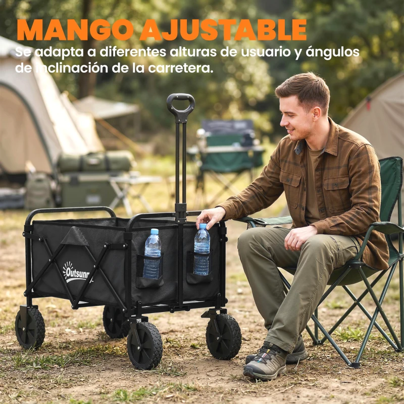 Outsunny Carro de Jardín Plegable con Ruedas Bloqueables Mango Ajustable Portavasos Carga 80 kg para Campaña 85x50x99 cm Negro
