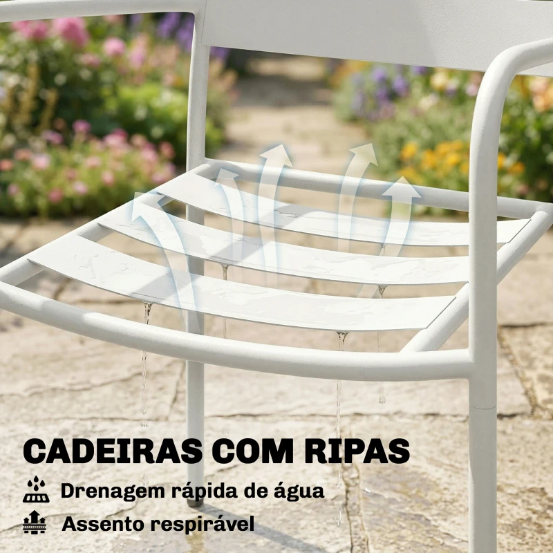 Outsunny Conjunto de Jardim com 3 Peças em Aço Galvanizado com 2 Cadeiras e Mesa de Vidro Temperado Branco