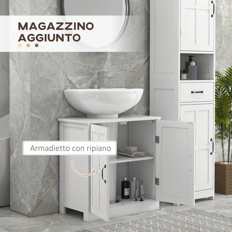 kleankin Mobile per Lavabo con Piedistallo, Mobile Sotto Lavabo con 2 Ante e Scaffale Regolabile, Mobile da Bagno con Ritaglio a Forma di U, Bianco