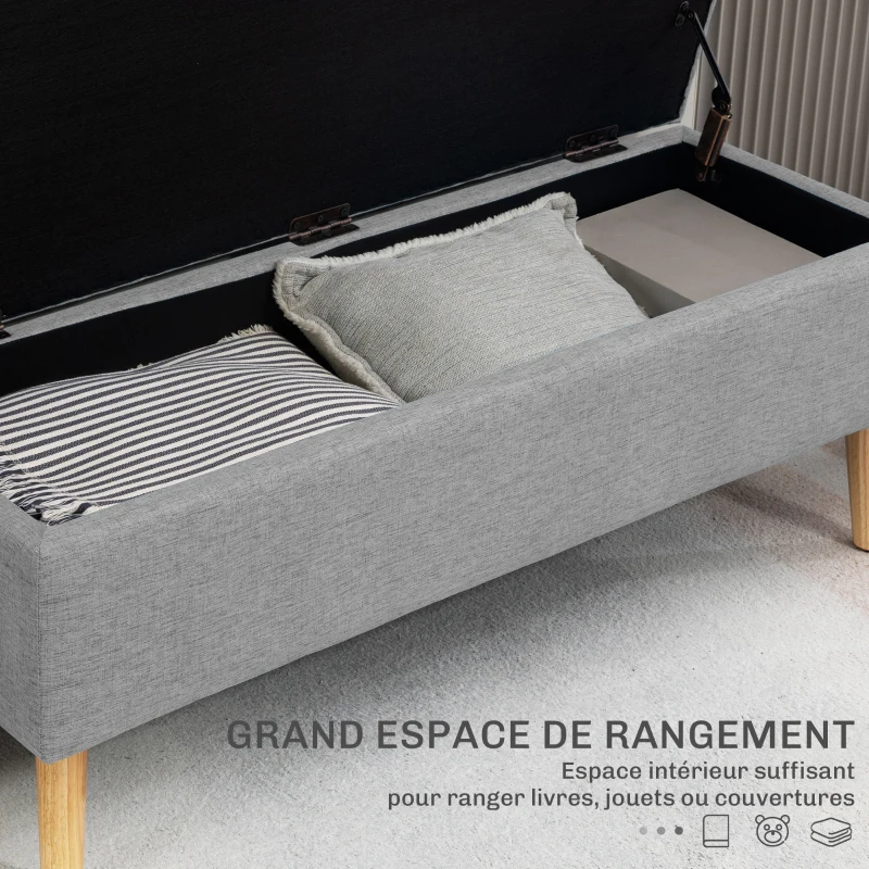 HOMCOM Banc coffre rangement rembourré aspect lin pour chambre à coucher, entrée, salon, charge 220 Kg, 110 x 39 x 45 cm, gris