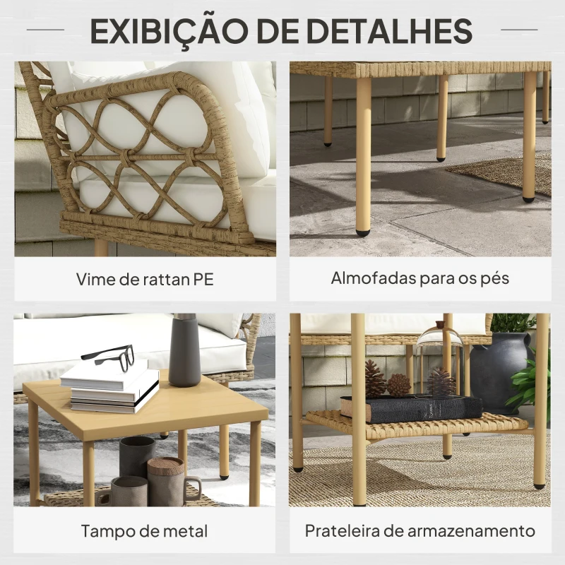 Outsunny Conjunto de Jardim Exterior em Vime com 1 Sofá de Dois Lugares 1 Espreguiçadeira e 1 Mesa de Centro Madeira e Creme