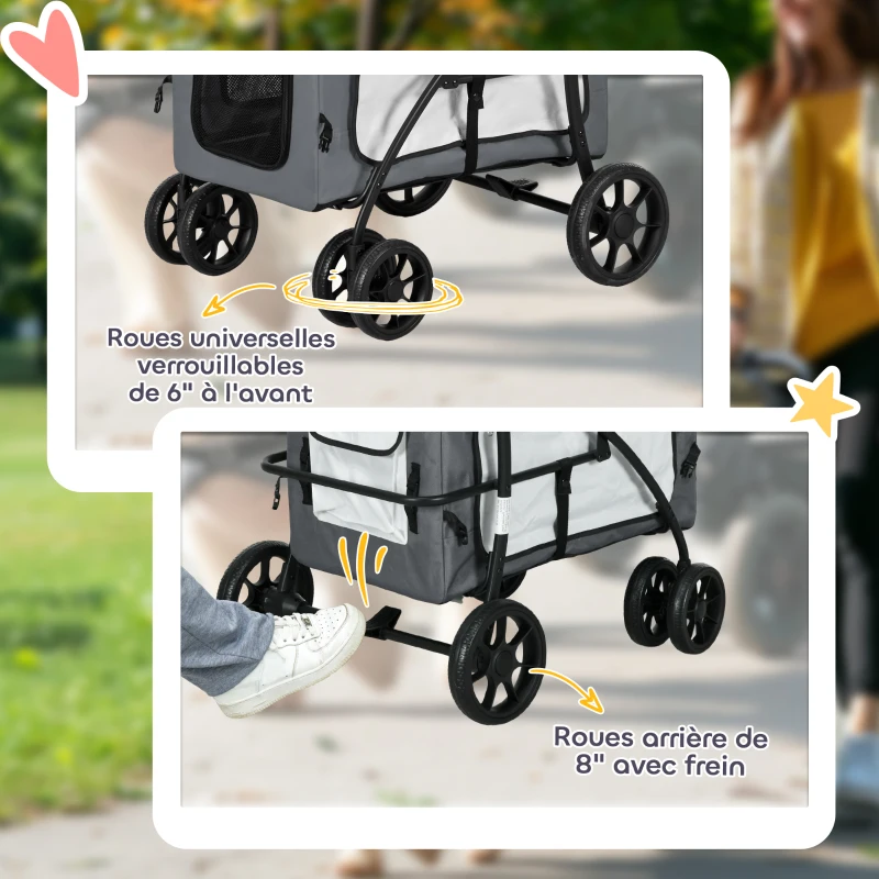 PawHut Poussette pliable animaux chien chat nacelle amovible bandoulières 4 roues 81 x 58 x 97,5 cm gris